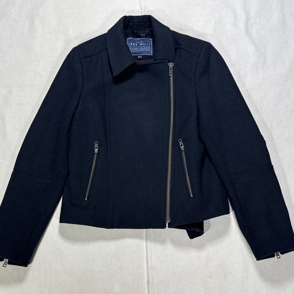 Jack Wills Tweed Bomber Jacket Full Zip Sz 8 Black Pure Wool